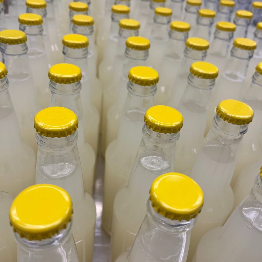 Fresh YUUZ bottles with yellow caps after production
